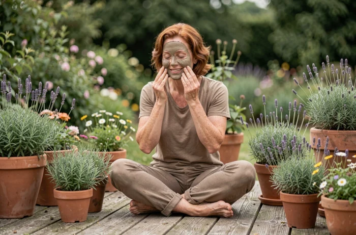 Femme d'âge mûr appliquant un masque à l'argile fait maison sur une terrasse en bois entourée de plantes aromatiques et de fleurs sauvages