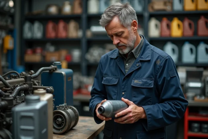 Mécanicien automobile examinant une bouteille d'huile moteur dans un atelier professionnel pour choisir la bonne viscosité