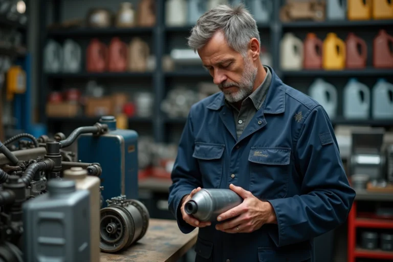 Mécanicien automobile examinant une bouteille d'huile moteur dans un atelier professionnel pour choisir la bonne viscosité