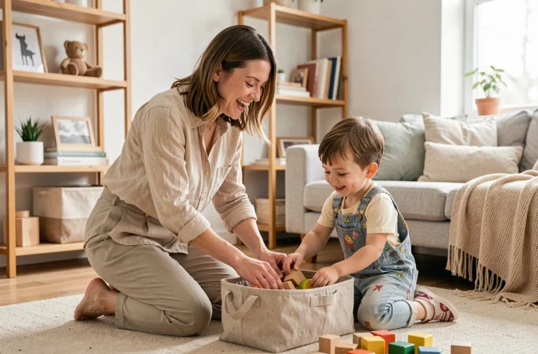 Mère et enfant rangeant des jouets en bois dans des paniers en tissu dans un salon scandinave épuré