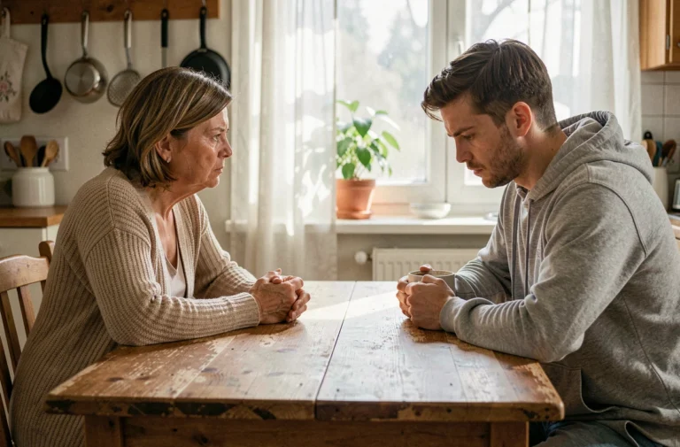 Mère et fils adulte assis face à face à une table de cuisine en bois lors d'une conversation difficile mais constructive