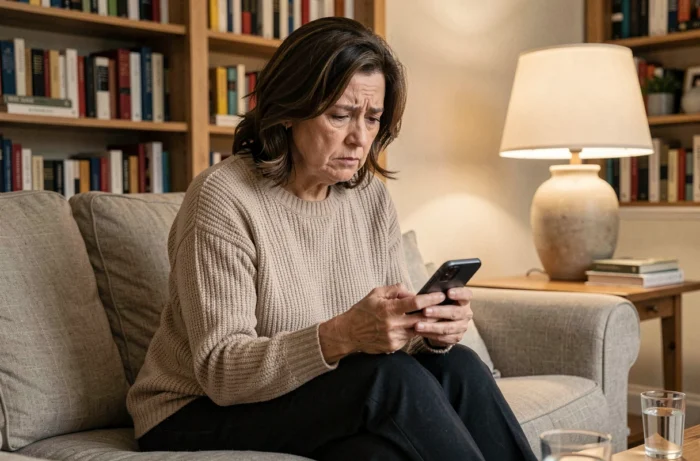 Mère préoccupée assise seule dans son salon tenant son téléphone après une conversation tendue avec son fils adulte