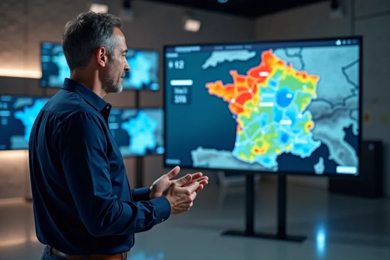 Météorologue devant un écran de prévisions météorologiques dans un studio professionnel de Météo France