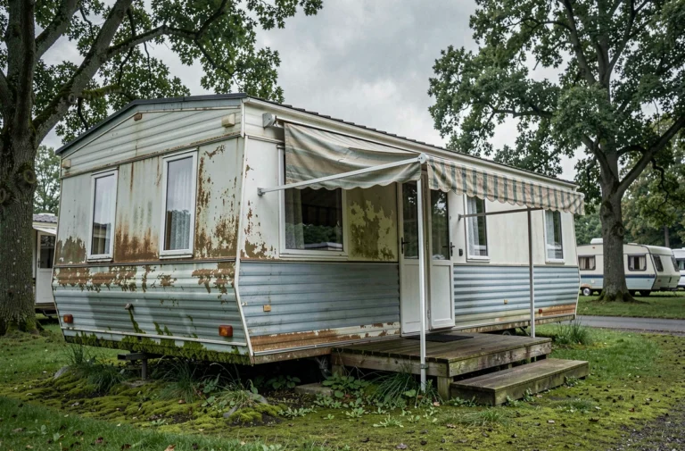 Mobil-home ancien de plus de 20 ans sur un camping belge avec revêtement oxydé et végétation envahissante