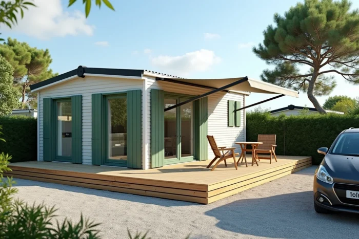 Mobil-home avec terrasse en bois sur une parcelle aménagée dans un parc résidentiel vendéen
