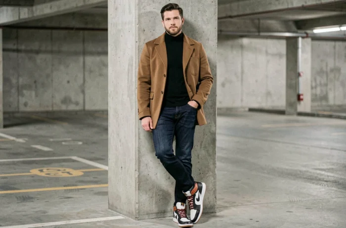 Homme en mode urbaine contemporaine avec coach jacket et denim slim dans un parking souterrain en béton brut