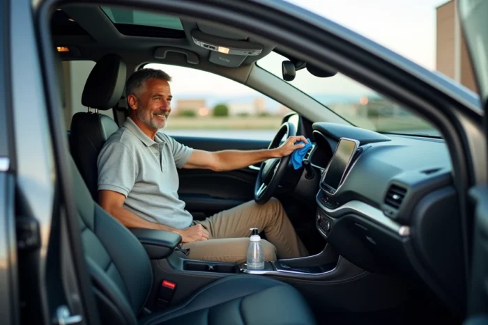 Homme nettoyant le tableau de bord intérieur de son SUV avec un chiffon microfibre dans un parking