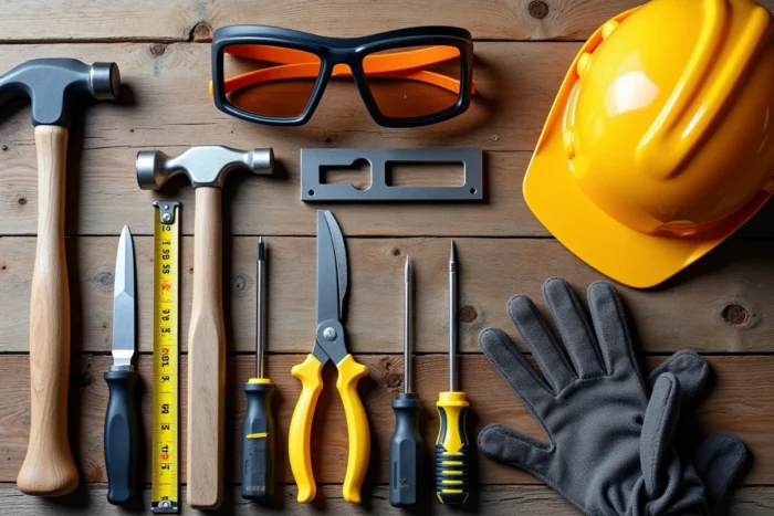 Vue de dessus des outils indispensables du bricolage disposés à plat sur une surface en bois brut
