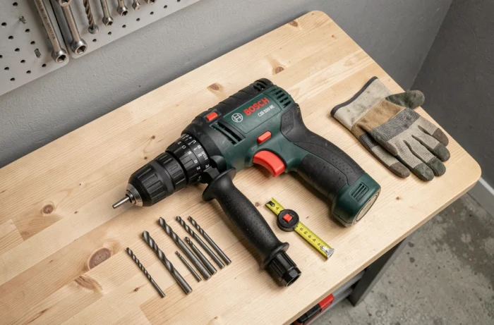 Perceuse Bosch CSB 500 RE posée sur un établi en bois avec accessoires de perçage et forets assortis