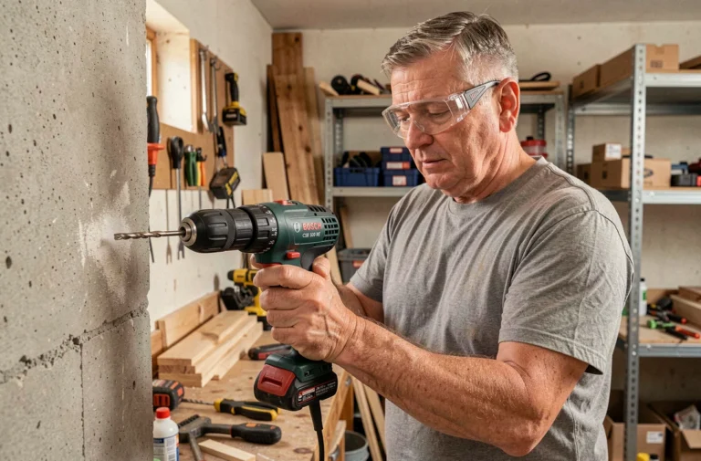 Homme utilisant la perceuse Bosch CSB 500 RE pour percer un mur en béton dans un atelier de bricolage