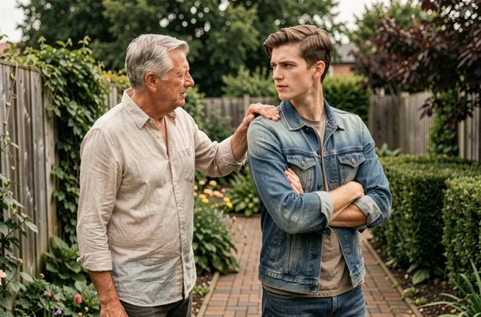 Père posant une main apaisante sur l'épaule de son fils adulte dans un jardin lors d'un moment de réconciliation