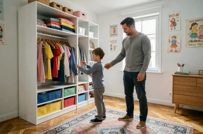 Père aidant son fils à choisir ses vêtements dans un dressing enfant bien organisé