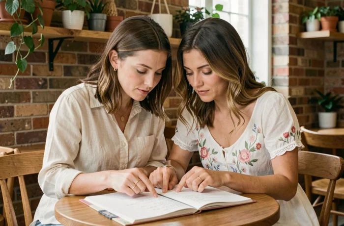 Deux amies planifiant un mariage ensemble à une table de café, l'une portant une alliance en tant que femme mariée envisagée comme demoiselle d'honneur