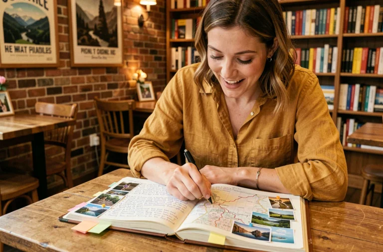 Femme planifiant un voyage dans un café avec un journal de voyage, une carte papier et des notes colorées