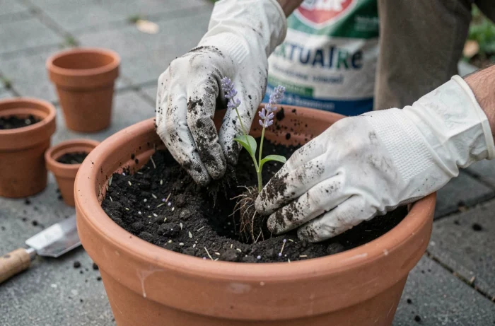 Mains qui plantent un jeune plant de lavande dans un pot en céramique sur une terrasse en pierre, conseils jardinage