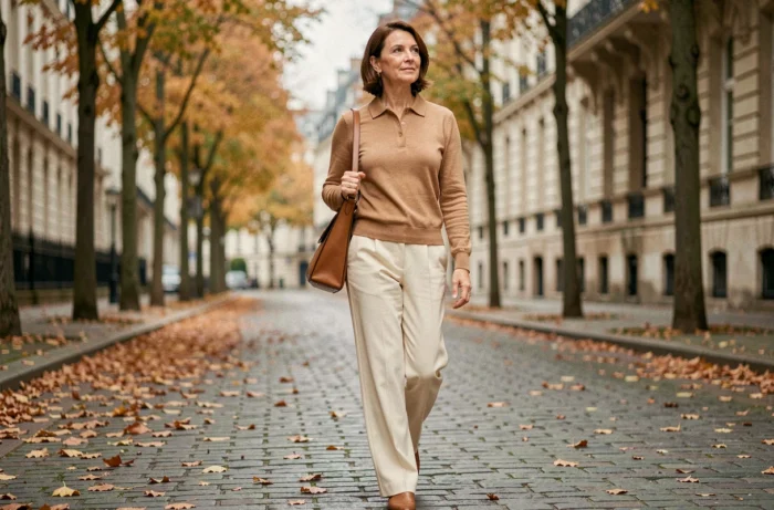 Femme chic en polo manches longues camel en laine mérinos marchant dans une rue pavée parisienne en automne