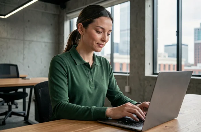 Femme professionnelle en polo manches longues vert forêt assise à un bureau dans un espace de travail moderne et élégant