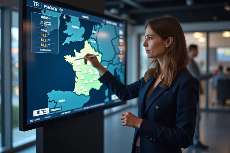 Présentatrice météo pointant une carte météorologique numérique de la France dans un studio de télévision moderne