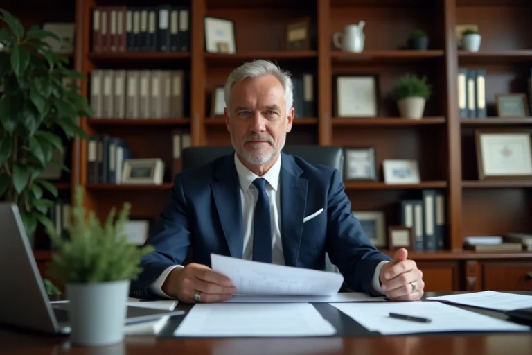 Président d'une association assis à son bureau directorial en costume marine, consultant des documents officiels dans un bureau formel