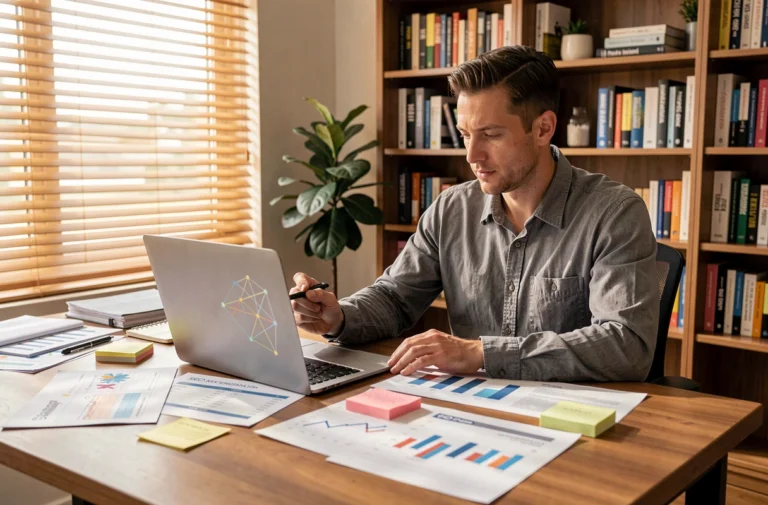 Professionnel du marketing digital analysant un réseau de blogs privés et des données SEO sur son ordinateur portable dans un bureau moderne