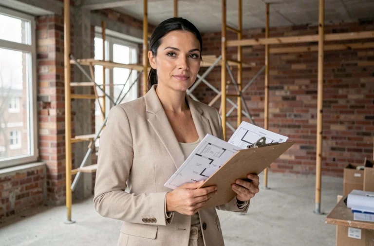 Femme tenant des plans architecturaux dans un appartement en cours de rénovation, illustrant un projet immobilier en chantier