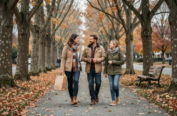 Famille en promenade dans un parc en automne, sortie extérieure conviviale pour un équilibre de vie familiale