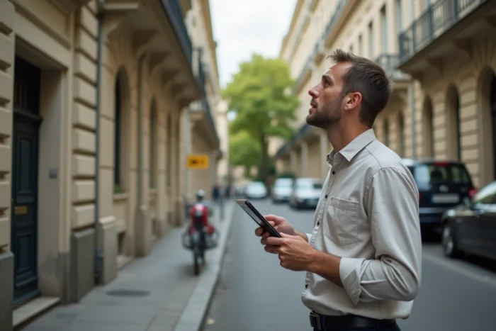 Propriétaire consultant une application de gestion locative devant un immeuble résidentiel