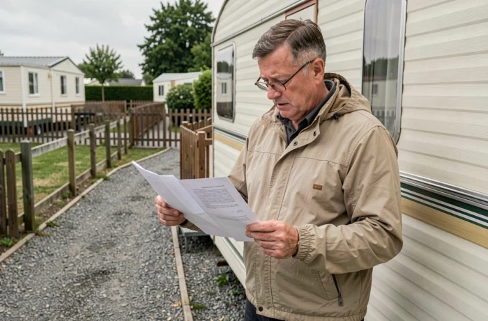 Propriétaire de mobil-home consultant un document légal relatif à la réglementation belge des résidences mobiles