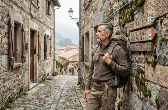 Randonneur solitaire observant des panneaux indicateurs dans une ruelle pavée d'un village médiéval européen avec vue sur la vallée
