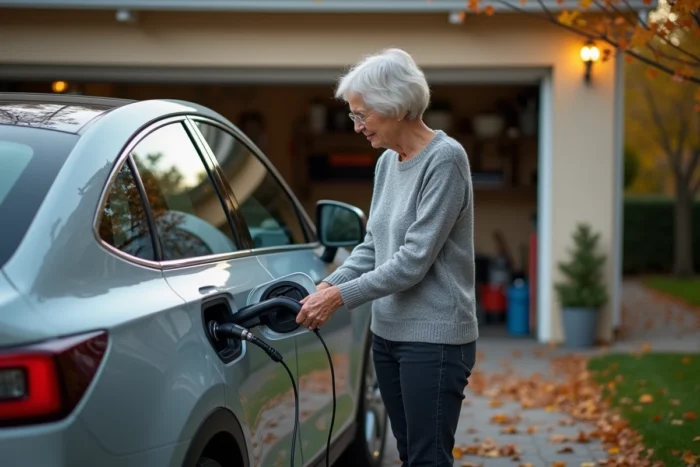 Femme branchant le câble de recharge d'une voiture hybride dans une allée résidentielle en automne