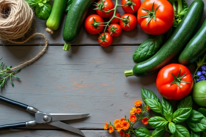 Vue aérienne de légumes frais et fleurs comestibles récoltés dans un jardin potager sur une surface en bois