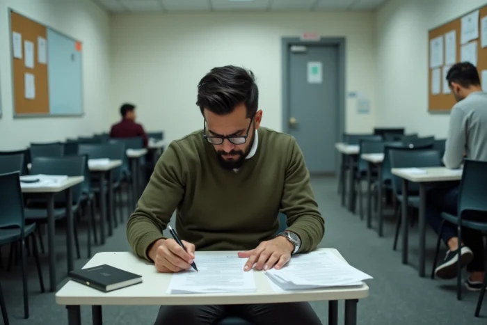 Homme remplissant des formulaires de régularisation de séjour dans une salle d'attente consulaire