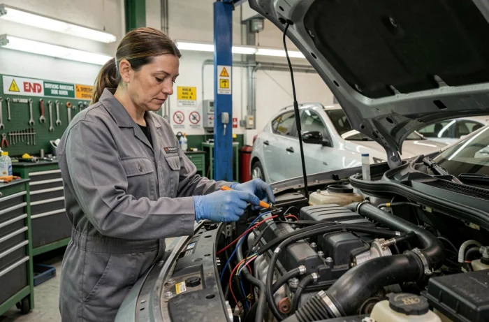 Mécanicienne inspectant le capteur de pression et le faisceau électrique d'un moteur Renault Megane pour résoudre le défaut DTC038061