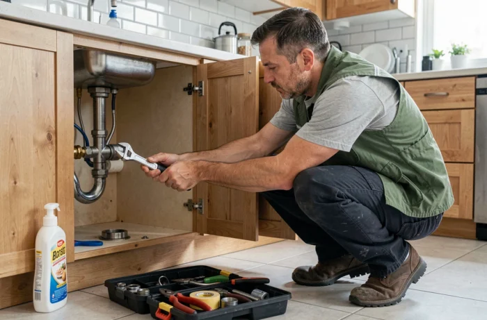 Homme effectuant une réparation de plomberie sous l'évier d'une cuisine moderne