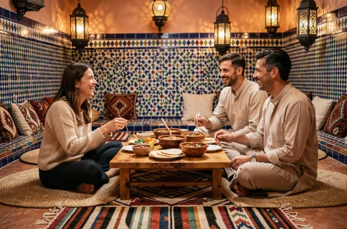 Deux voyageurs partageant un repas traditionnel marocain avec une famille locale dans un riad authentique au Maroc