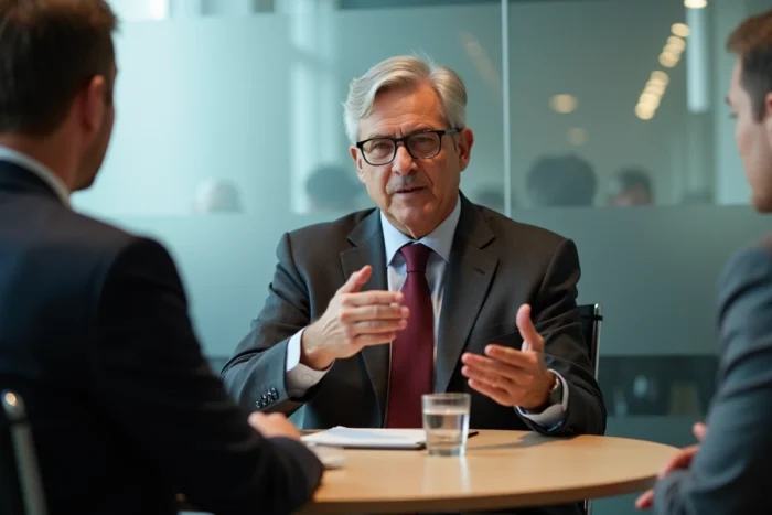 Responsable associatif senior en costume gris donnant une interview assis à une table de réunion avec un carnet de notes