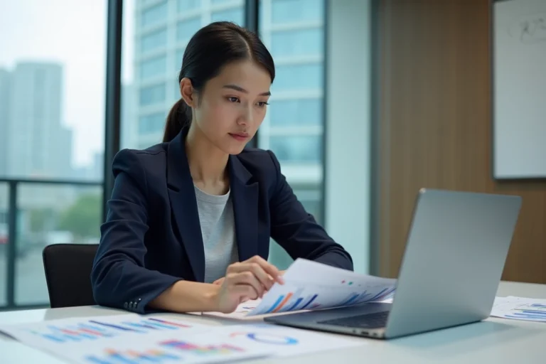 Responsable RH analysant des outils de gestion des compétences sur un tableau de bord logiciel en entreprise