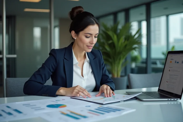 Responsable RH analysant des outils de gestion des compétences sur un ordinateur portable en salle de réunion moderne