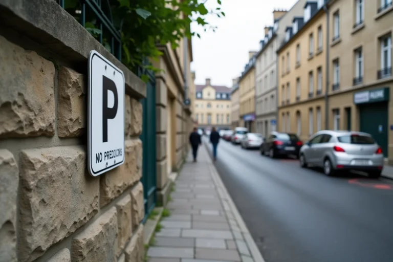 Rue résidentielle à Rennes avec panneau de stationnement gratuit sur un mur en pierre