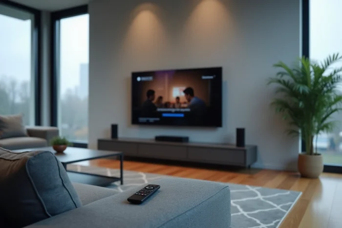 Téléviseur dans un salon américain affichant une interface de streaming en pause, illustrant l'attente d'une saison 2 annulée