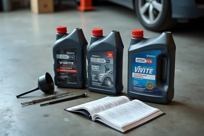Sélection de bouteilles d'huile moteur avec différentes viscosités posées sur un établi avec un manuel d'entretien automobile
