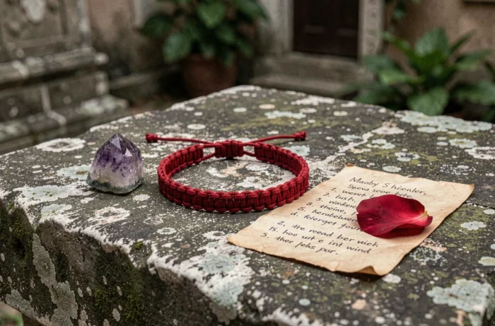 Bracelet rouge à 7 nœuds posé sur une pierre ancienne avec un cristal et des notes manuscrites sur sa signification spirituelle