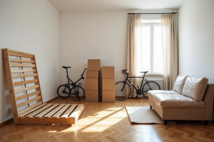 Appartement studio préparé pour un déménagement avec meubles et cartons représentant 4m3 de volume