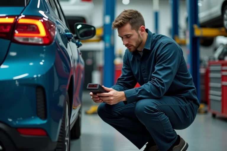 Technicien automobile diagnostiquant un message injection à contrôler sur une Clio 5 avec un scanner OBD2 dans un garage professionnel