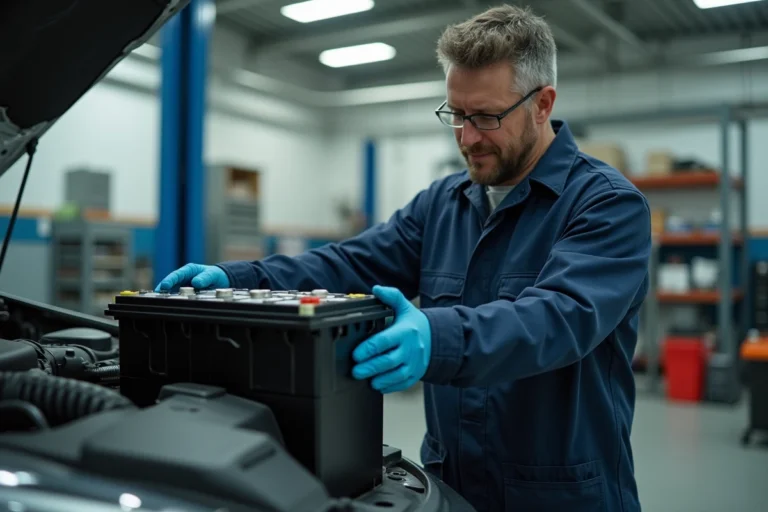 Technicien automobile inspectant une batterie de voiture hybride dans un atelier de réparation moderne