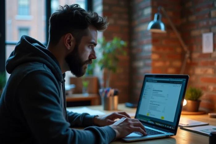 Homme utilisant un VPN sur son ordinateur portable dans un bureau à domicile pour sécuriser sa connexion internet