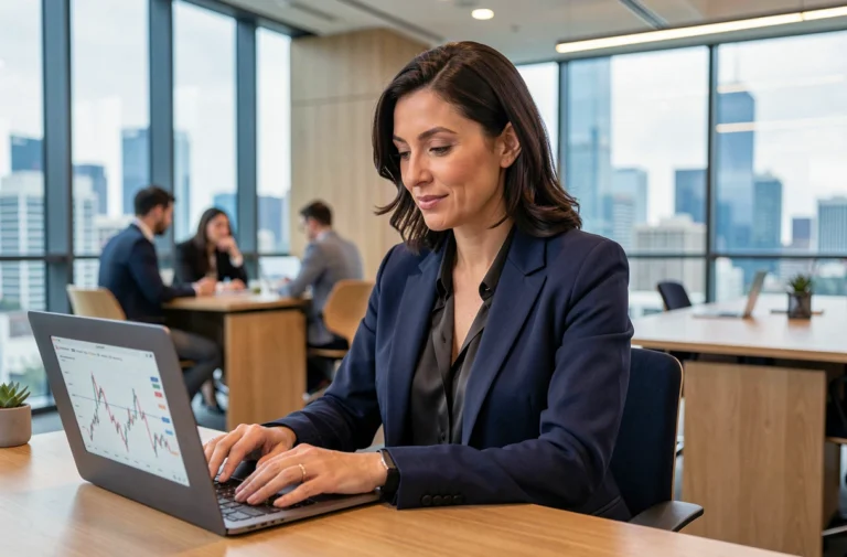 Femme cadre dirigeante analysant des tendances économiques sur un ordinateur portable dans un bureau moderne en 2024