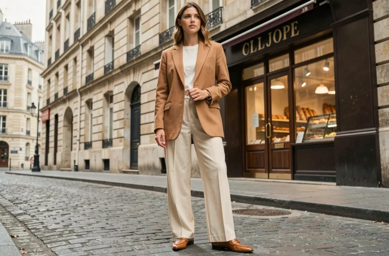 Femme élégante en blazer camel et pantalon large crème dans une rue pavée parisienne, tendances mode automne-hiver