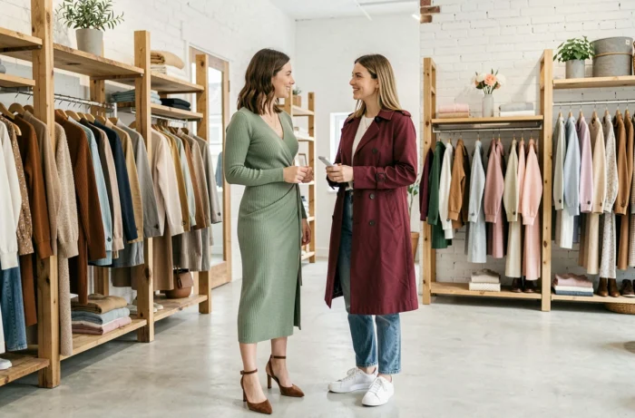 Deux femmes aux styles tendance dans un concept store mode avec vêtements de saison en tons terre et pastel