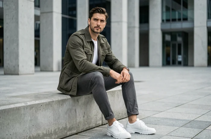 Homme en veste utilitaire olive et chino charbon assis sur un banc urbain moderne, mode masculine tendance saison